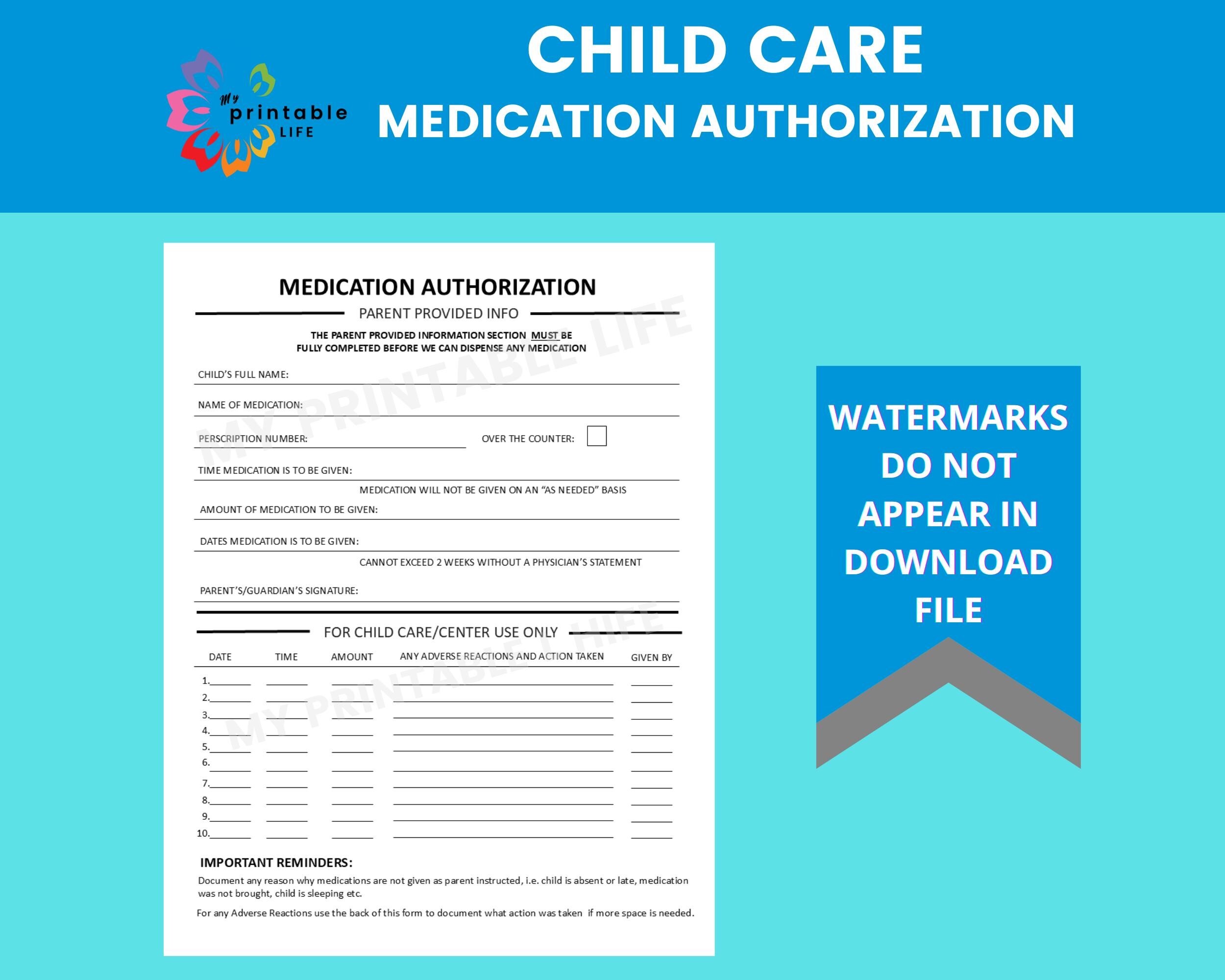 DAYCARE MEDICATION FORM, Childcare Center Medication Authorization Form, for Daycare Providers, Preschools, and Camps