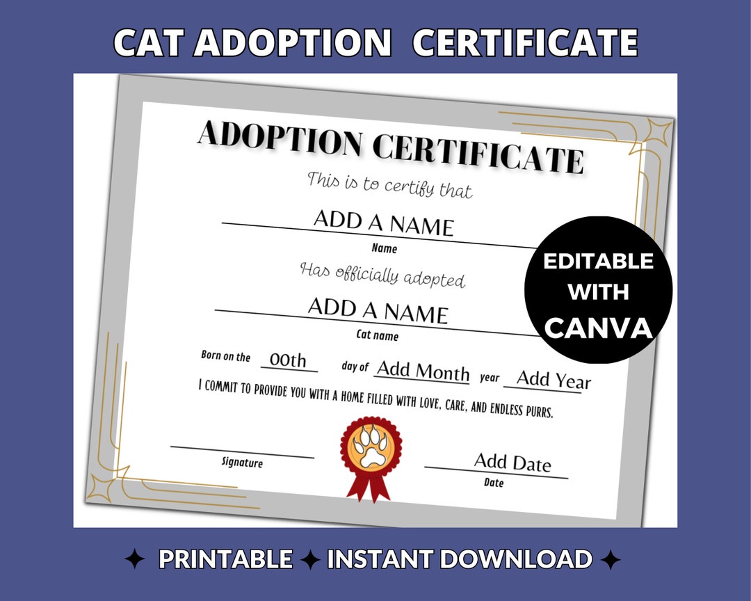 Cat Adoption Certificate | Editable Canva Template | Printable Feline ...