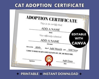 Editable Cat Adoption Certificate | Custom Pet Keepsake (PDF)