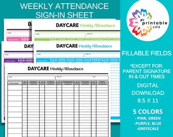 Daycare Weekly Attendance Fillable Form Sign-In Sign-Out Sheet Daycare Printable, Childcare Records, Instant Download