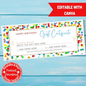 Certificado de regalo de feliz cumpleaños / Plantilla Canva editable / Vale personalizable / Regalo de cumpleaños imprimible