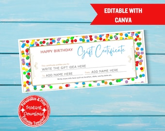 Happy Birthday Gift Certificate | Editable Canva Template | Customizable Voucher | Printable Birthday Present