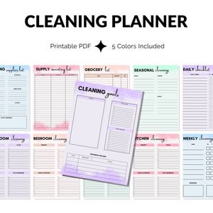 Peut inclure: Planificateur de nettoyage imprimable avec des arrière-plans colorés. Comprend des listes de contrôle pour le nettoyage quotidien, hebdomadaire et saisonnier, ainsi qu'une liste de fournitures de nettoyage, une liste d'inventaire, une liste d'épicerie et une section d'objectifs de nettoyage avec un suivi des progrès.