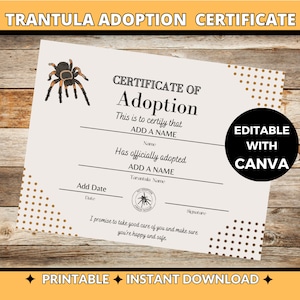 Tarantula Adoption Certificate | Editable Canva Template | Printable Spider Document | Exotic Pet Certificate