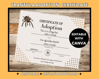 Tarantula Adoption Certificate | Editable Canva Template | Printable Spider Document | Exotic Pet Certificate