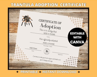 Tarantula Adoption Certificate | Editable Canva Template | Printable Spider Document | Exotic Pet Certificate