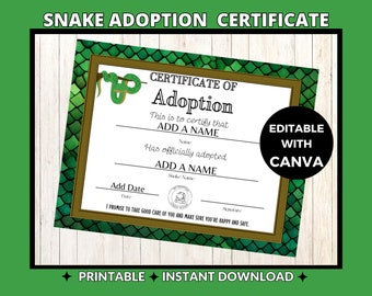Snake Adoption Certificate | Editable Canva Template | Printable Reptile Document | Personalized Pet Certificate