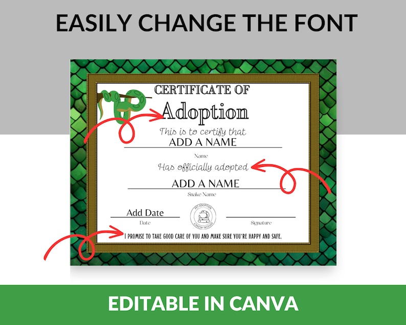 Adopt Signature Snake Adoption Certificate | Editable Canva Template | Printable ...