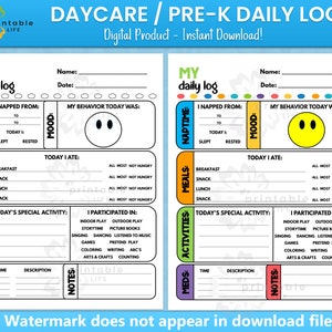 Daycare Daily Log Printable Report Tracker for Pre-K