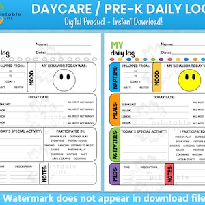 Daycare Daily Log Printable Report Tracker for Pre-K