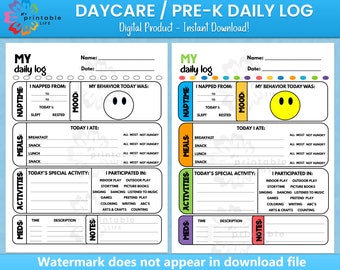 Daycare Daily Log Printable Report Tracker for Pre-K