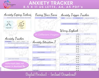 May include: A printable anxiety tracker with 14 different pages. The pages include sections for tracking triggers, coping techniques, facing fears, and a worry logbook. The pages are designed with a purple and white color scheme.