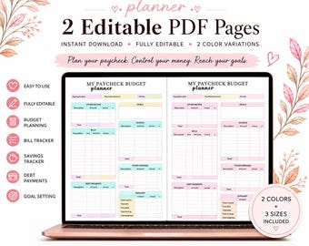 Editable Paycheck Budget Planner Printable PDF | Budget Tracker, Bill Organizer, Savings & Debt Payoff Worksheet | Instant Download