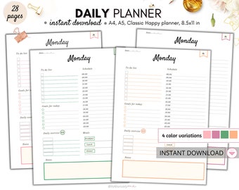 Può includere: Pagine del planner giornaliero con layout del lunedì, disponibili per il download immediato. Le pagine includono sezioni per liste di cose da fare, programmi, obiettivi e note. Il planner è disponibile in 4 varianti di colore.
