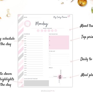 May include: A printable daily planner with a pink and gray striped design. The planner includes sections for a daily schedule, mood tracker, top priorities, to-do list, and meal planner.