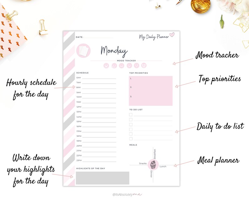 May include: A printable daily planner with a pink and gray striped design. The planner includes sections for a daily schedule, mood tracker, top priorities, to-do list, and meal planner.