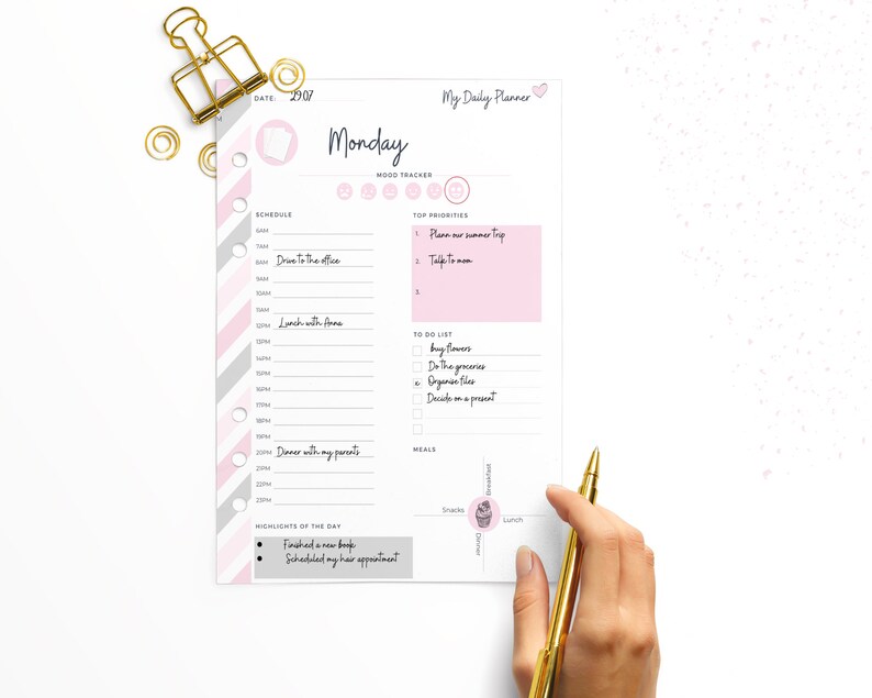 May include: A pink and gray daily planner with a pink heart and the word "Monday" at the top. The planner has sections for schedule, mood tracker, top priorities, to do list, and meals. It also has a section for highlights of the day.