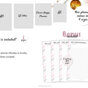 May include: A printable daily planner with 1 page, available in four sizes: A4, US Letter, Classic Happy Planner, and A5. The planner includes 8 matching notes pages with different patterns, including striped, dotted, and grid.
