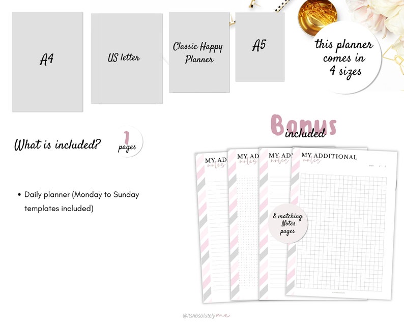 May include: A printable daily planner with 1 page, available in four sizes: A4, US Letter, Classic Happy Planner, and A5. The planner includes 8 matching notes pages with different patterns, including striped, dotted, and grid.