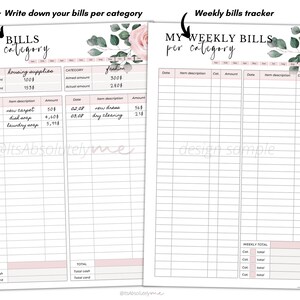 May include: A printable budget tracker with a floral design. The left side is for tracking bills per category, with sections for housing supplies and fashion. The right side is for tracking weekly bills with columns for date, item description, cost, and amount.