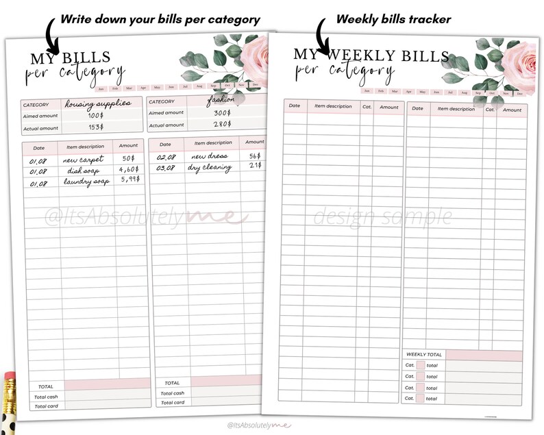 May include: A printable budget tracker with a floral design. The left side is for tracking bills per category, with sections for housing supplies and fashion. The right side is for tracking weekly bills with columns for date, item description, cost, and amount.