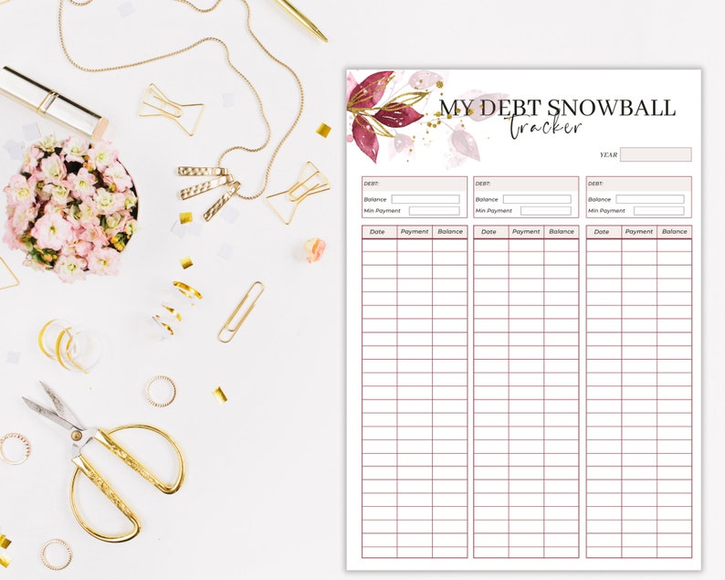 May include: A printable debt snowball tracker with a floral design. The tracker has three columns for debt, with sections for date, payment, and balance.