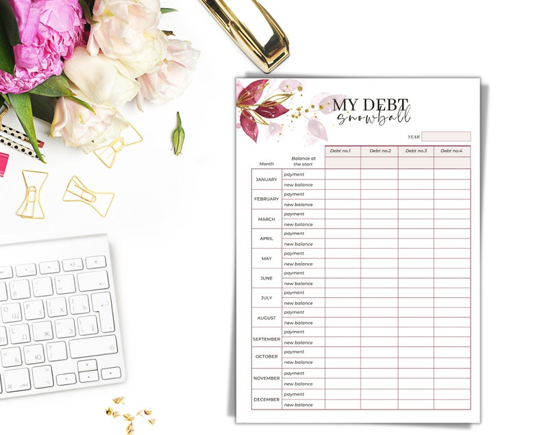 May include: A printable debt snowball tracker with a floral design in shades of pink and gold. The tracker includes a column for month, balance at the start, payment, and new balance. There are also columns for four different debts.