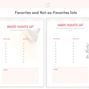 May include: Printable checklist with pink and gray stripes. The checklist is divided into two sections: Favorite Products List and Disliked Products List. Each section has two columns: Skincare and Make-up. Each column has 10 blank lines for writing down products.