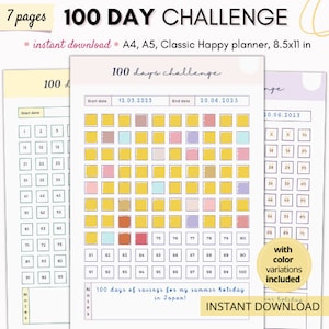 100 Day Challenge, Habit Tracker, Goal Setting, Progress Tracker, Habit Forming, A4/A5/Letter/Classic Happy Planner, Printable PDF