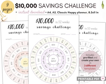 Savings challenge, savings tracker, 52 week savings challenge, 10k savings plan, 10k savings challenge printable, money challenge printable