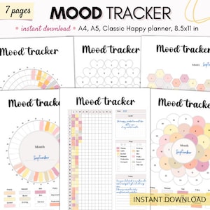 Mood tracker, mood tracker journal, mood journal, monthly mood tracker, daily mood tracker, 7 pages included, A5 planner inserts