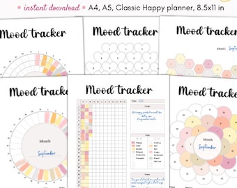 Mood tracker, mood tracker journal, mood journal, monthly mood tracker, daily mood tracker, 7 pages included, A5 planner inserts