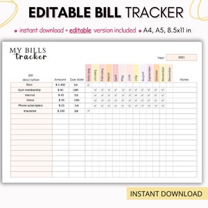 Bill tracker editable, bill tracker printable, monthly bill tracker, bill checklist, bill organizer, printable and digital bill tracker