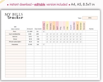 Bill tracker editable, bill tracker printable, monthly bill tracker, bill checklist, bill organizer, printable and digital bill tracker