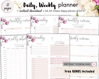 Hourly planner, Daily routine printable, Weekly hourly planning, Daily goal undated planner for instant download