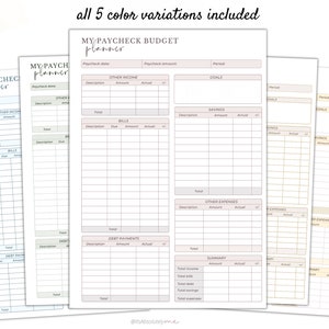 May include: Five printable budget planner pages in different colour variations. Each page includes sections for income, bills, savings, other expenses, debt payments, and a summary. The pages are designed to help users track their finances and create a budget.