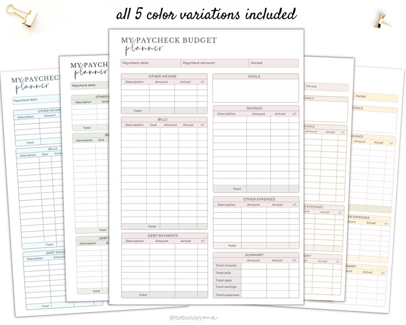 May include: Five printable budget planner pages in different colour variations. Each page includes sections for income, bills, savings, other expenses, debt payments, and a summary. The pages are designed to help users track their finances and create a budget.