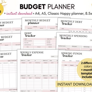 May include: A set of printable budget planner templates with pink detailing. The pages include monthly, weekly, and yearly budget trackers, debt trackers, and expense trackers. Text includes "Budget Planner" and "Instant Download".