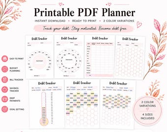 May include: A 30-page printable debt tracker PDF planner featuring various budget tracking templates. The pages include circular progress charts, monthly tables, honeycomb grids, and thermometer-style trackers in pink and pastel colour schemes.