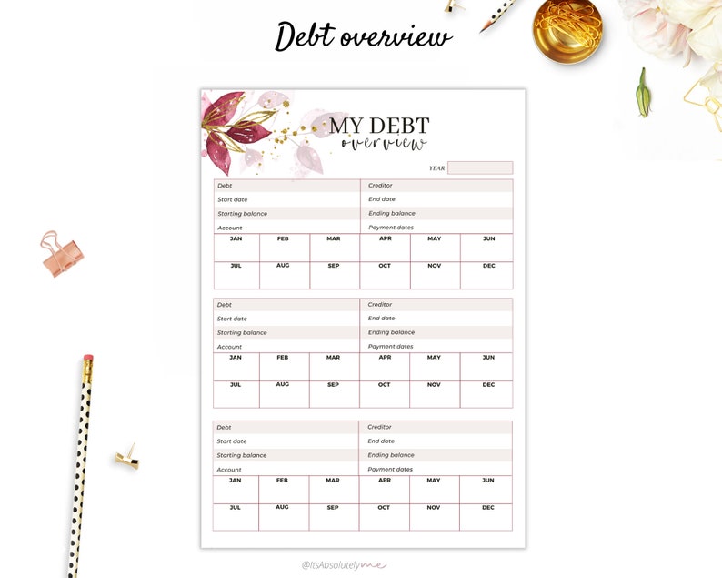 May include: Printable debt overview tracker with a watercolor floral design in shades of pink and gold. The tracker includes sections for debt, creditor, start date, end date, starting balance, ending balance, account, and payment dates. The tracker is designed for use with a calendar year.