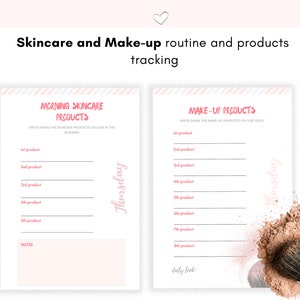 May include: Printable skincare and makeup routine tracker with pink and gray stripes. The tracker has sections for listing products used in the morning and evening. The text "Thursday" is written vertically on the left side of the page. The text "Wednesday" is written vertically on the right side of the page. The right side of the page has a graphic of a makeup brush and powder.