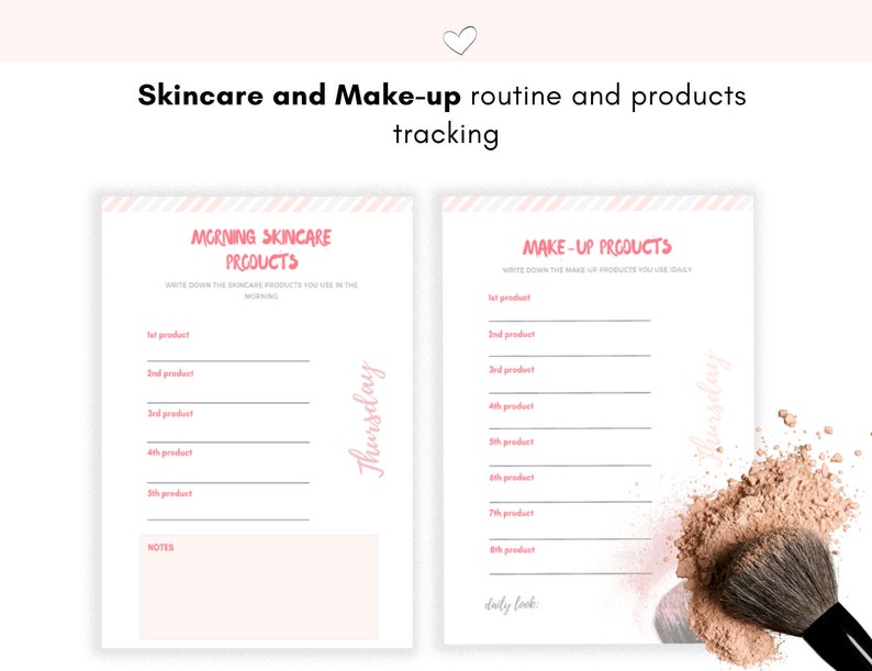 May include: Printable skincare and makeup routine tracker with pink and gray stripes. The tracker has sections for listing products used in the morning and evening. The text "Thursday" is written vertically on the left side of the page. The text "Wednesday" is written vertically on the right side of the page. The right side of the page has a graphic of a makeup brush and powder.