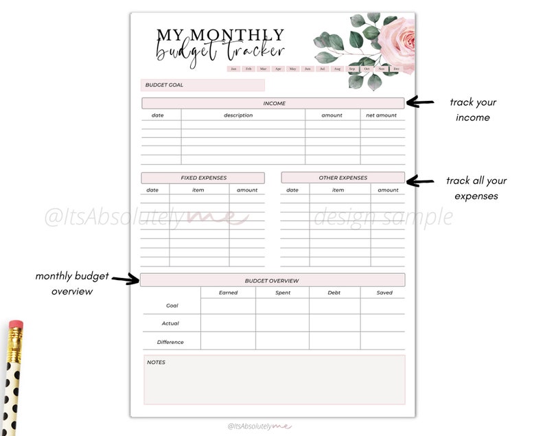 May include: A printable monthly budget tracker with sections for income, fixed expenses, other expenses, and a budget overview. The tracker has a floral design with a pink rose and green leaves.