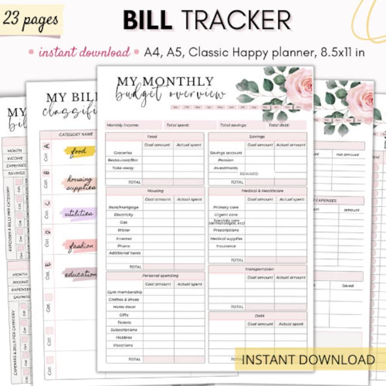 May include: A printable budget planner with a pink and white floral design. The planner includes sections for monthly income, total spent, total savings, total debt, and expenses. The planner is titled "My Monthly Budget Overview".