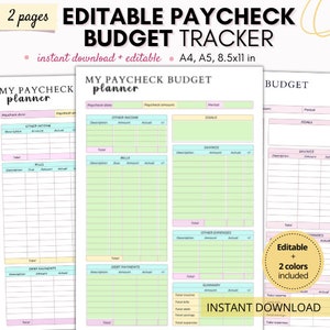 Editable paycheck budget, budget by paycheck, biweekly budget, budget template, monthly budget, weekly budget, paycheck budget tracker