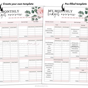 May include: A printable budget planner template with a pink and green floral design. The template includes sections for monthly income, total spent, total savings, total debt, food, housing, medical & healthcare, personal spending, transportation, and debt. The template is designed to help users track their finances and create a budget.