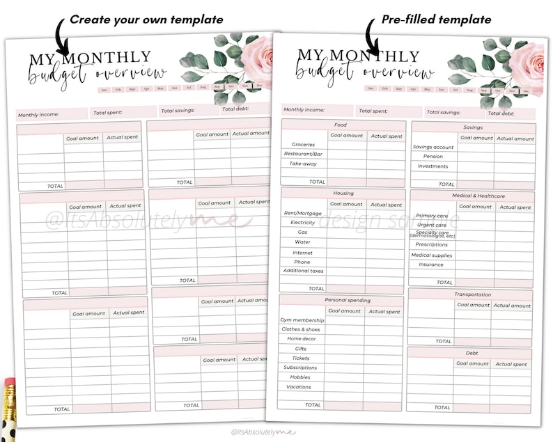 May include: A printable budget planner template with a pink and green floral design. The template includes sections for monthly income, total spent, total savings, total debt, food, housing, medical & healthcare, personal spending, transportation, and debt. The template is designed to help users track their finances and create a budget.