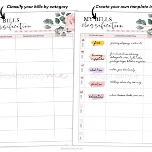 May include: A printable bill classification chart with a floral design. The chart has two columns, one for classifying bills by category and the other for creating a custom template. The categories include food, housing supplies, utilities, fashion, and education.