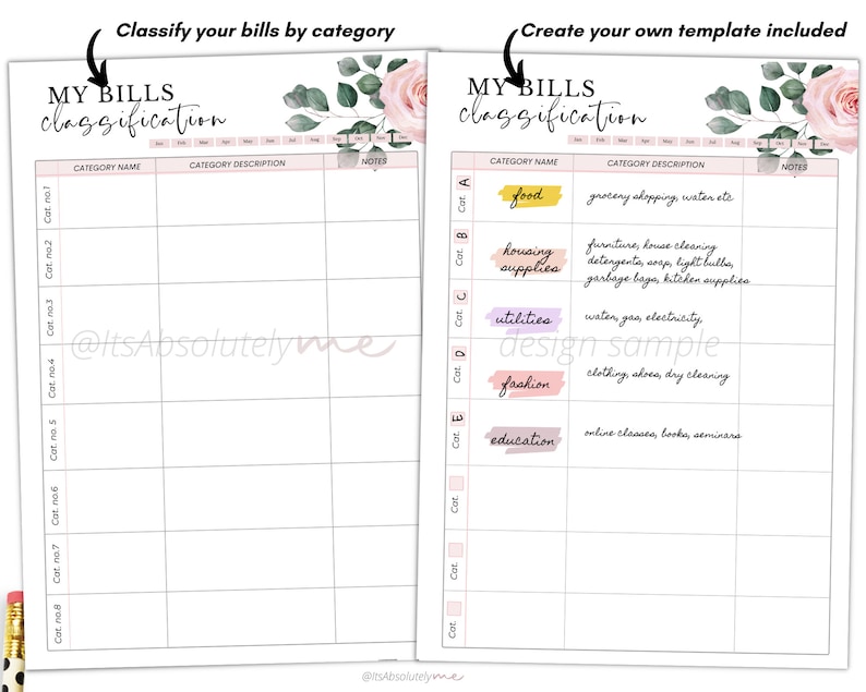 May include: A printable bill classification chart with a floral design. The chart has two columns, one for classifying bills by category and the other for creating a custom template. The categories include food, housing supplies, utilities, fashion, and education.