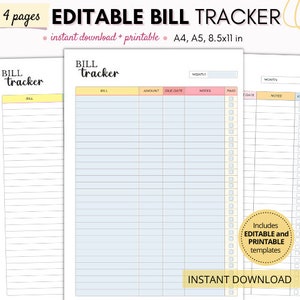 Editable bill tracker, Monthly bill tracker, Bill organizer with monthly tracking, Bill printable, Bill payment log, Editable bill template